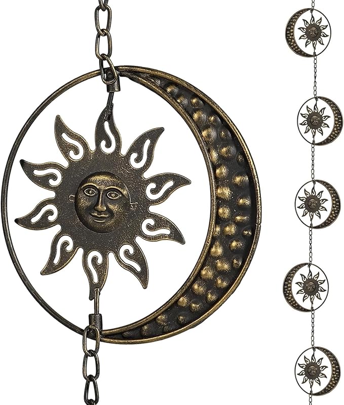Decorative Sun and Moon Rain Chain, 8.5Ft Metal Rain Chimes for Gutters, Vintage Rotational Sun Rain Chain Downspouts, Functional Replacement Gutter Chains for Outside, Garden Rain Catcher Chain