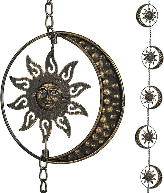 Decorative Sun and Moon Rain Chain, 8.5Ft Metal Rain Chimes for Gutters, Vintage Rotational Sun Rain Chain Downspouts, Functional Replacement Gutter Chains for Outside, Garden Rain Catcher Chain