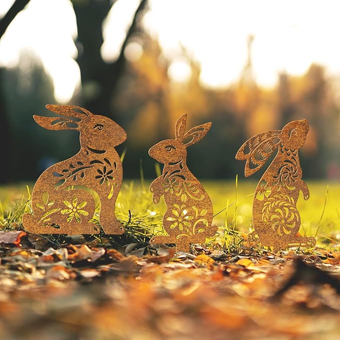 4 Pcs Metal Rabbits Garden Statues, Metal Rusty Yard Art Animals Garden Stakes Rabbit Silhouette,Rabbits Yard Art, Flowerbed Decoration, Outdoor Decor