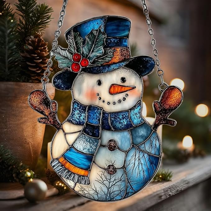 Snowman Cute Mistletoe Winter Scarf Acrylic Suncatcher Stained Glass Effect Window Car Hanging Christmas Ornament Indoor Outdoor Decor Garden Sun Catcher Panel for Women Mom Grandma