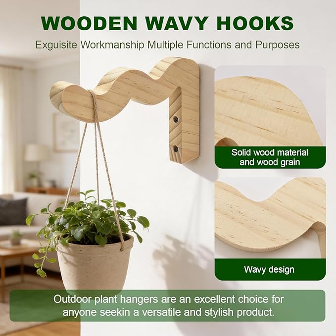 Upriver 2 Pack Wavy Wooden Plant Hangers, Plant Wall Bracket for Indoor Outdoor, Natural Hanging Plant Hooks for Wind Chimes Flower Brackets Bird Feeders Patio Garden Decoration