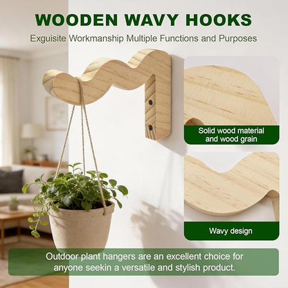 Upriver 2 Pack Wavy Wooden Plant Hangers, Plant Wall Bracket for Indoor Outdoor, Natural Hanging Plant Hooks for Wind Chimes Flower Brackets Bird Feeders Patio Garden Decoration