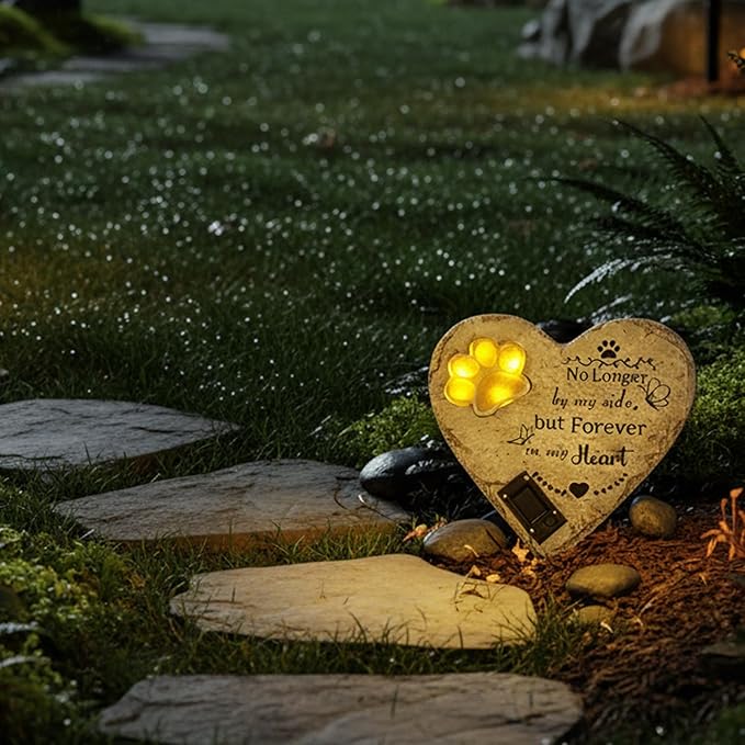 Pet Memorial Stone Solar Lighted Glowing Paw Print Heart Statue with Forever in My Heart Engraved, Pet Headstones for Dogs Cats Waterproof Resin Loss of Dog Sympathy Gift, 10 Inch