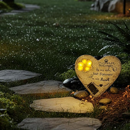 Pet Memorial Stone Solar Lighted Glowing Paw Print Heart Statue with Forever in My Heart Engraved, Pet Headstones for Dogs Cats Waterproof Resin Loss of Dog Sympathy Gift, 10 Inch