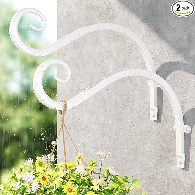 LASZOLA 2 Pack 12 Inch Hanging Plant Brackets, Heavy Duty Iron Wall Hooks for Planter, Bird Feeder, Wind Chime, Lantern, Rust Proof Decorative Hangers for Indoor Outdoor Garden Patio Fence, White