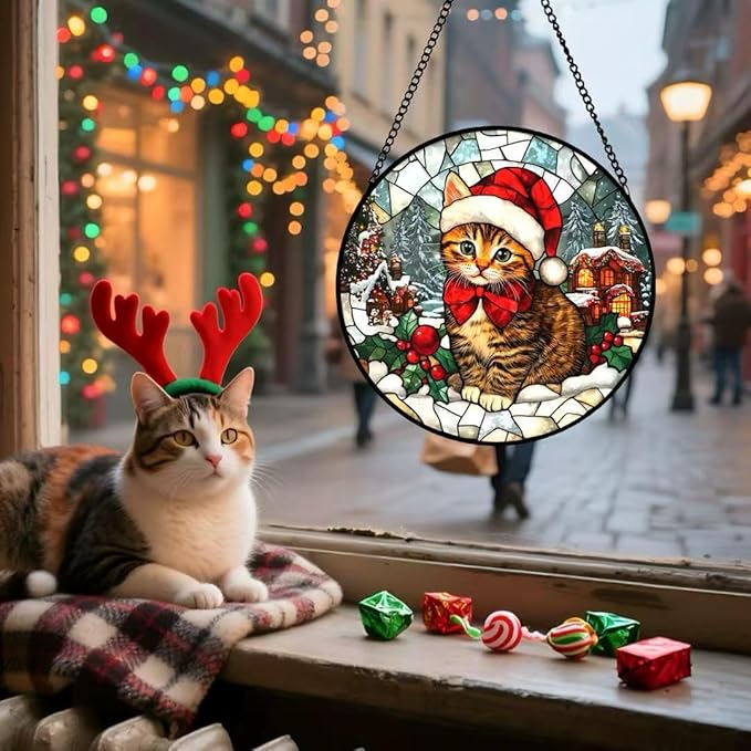 Stained Glass Window Hanging - 6.3 Inches Cat and Snowy Day Christmas Suncatcher for Garden Home Decor for Women Mon Grandma Friends