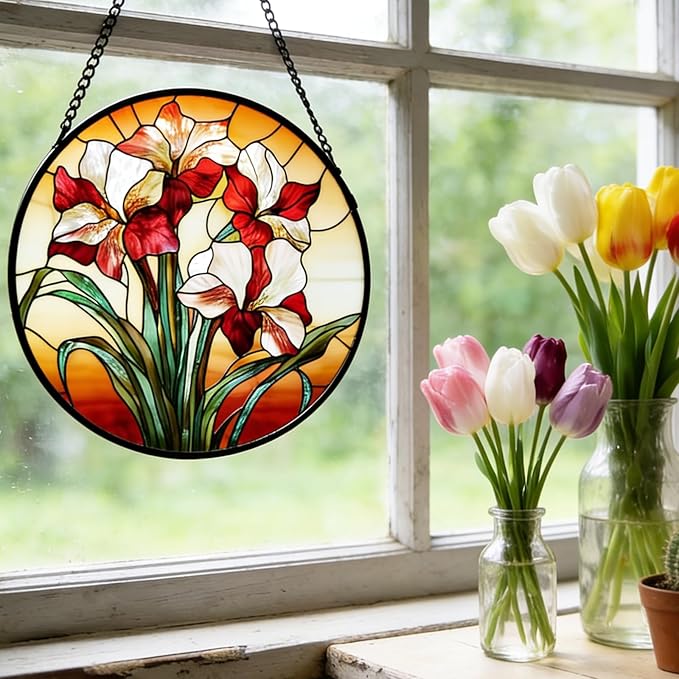 7.87" Stained Glass Window Hanging,Red Gladiolus Flower Sun Catcher for Door Terrace Garden Home Decor,Plants Suncatcher House Warming Gifts New Home