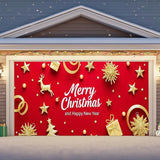 IVN Merry Christmas Happy New Year Garage Door Banner 13x6 ft Christmas Garage Door Wnter Scene Background Indoor Outdoor Red Gold Reindeer Tree Holiday Decorations for Home and Events Wall Backdrop Decor