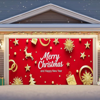 IVN Merry Christmas Happy New Year Garage Door Banner 13x6 ft Christmas Garage Door Wnter Scene Background Indoor Outdoor Red Gold Reindeer Tree Holiday Decorations for Home and Events Wall Backdrop Decor