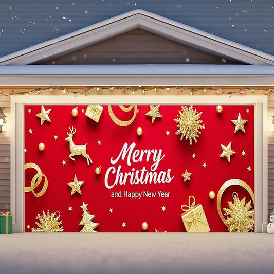 IVN Merry Christmas Happy New Year Garage Door Banner 13x6 ft Christmas Garage Door Wnter Scene Background Indoor Outdoor Red Gold Reindeer Tree Holiday Decorations for Home and Events Wall Backdrop Decor