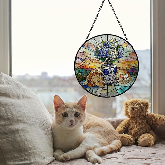 Chinoiserie Hydrangea Golden Retriever Stained Glass Window Hanging, Sleep Dog Flower Suncatcher Indoor Window Glass Round Wall Art Decor, 7.9x7.9 Inch