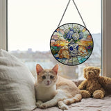 Chinoiserie Hydrangea Golden Retriever Stained Glass Window Hanging, Sleep Dog Flower Suncatcher Indoor Window Glass Round Wall Art Decor, 7.9x7.9 Inch