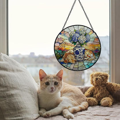 Chinoiserie Hydrangea Golden Retriever Stained Glass Window Hanging, Sleep Dog Flower Suncatcher Indoor Window Glass Round Wall Art Decor, 7.9x7.9 Inch