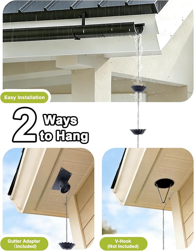 hogardeck 8.5FT Rain Chain with 12 Cups for Gutters Outside, Decorative Metal Rain Catcher with Adapter, Stake & Bell for Downspout Replacement, Garden Drainage, Eaves