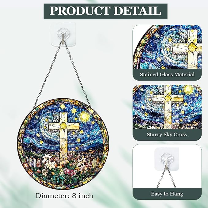 Christian Cross Stained Glass Hanging, 8 Inch Sun Catcher Outdoor Window Decor Religious Floral Glass Ornament with Chain for Easter Christmas Home, Mother's Day Christian Gifts