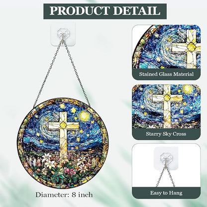 Christian Cross Stained Glass Hanging, 8 Inch Sun Catcher Outdoor Window Decor Religious Floral Glass Ornament with Chain for Easter Christmas Home, Mother's Day Christian Gifts
