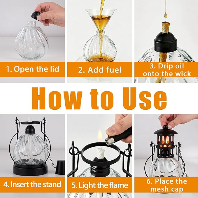 4 Pack Glass Table Top Torches, 14 oz Citronella Torches for Outside, Features hanging handles, Refillable Flame Light Torch, Decorative Tabletop Lantern for Yard, Patio, Garden, Party, Landscape