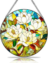 Magnolia Flower Stained Glass Suncatcher - Elegant Handmade Window Decor with Vibrant Colors, Garden Ornament & Gift Idea for Nature Lovers (White, 6.3 * 6.3IN)