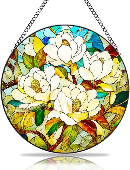 Magnolia Flower Stained Glass Suncatcher - Elegant Handmade Window Decor with Vibrant Colors, Garden Ornament & Gift Idea for Nature Lovers (White, 6.3 * 6.3IN)
