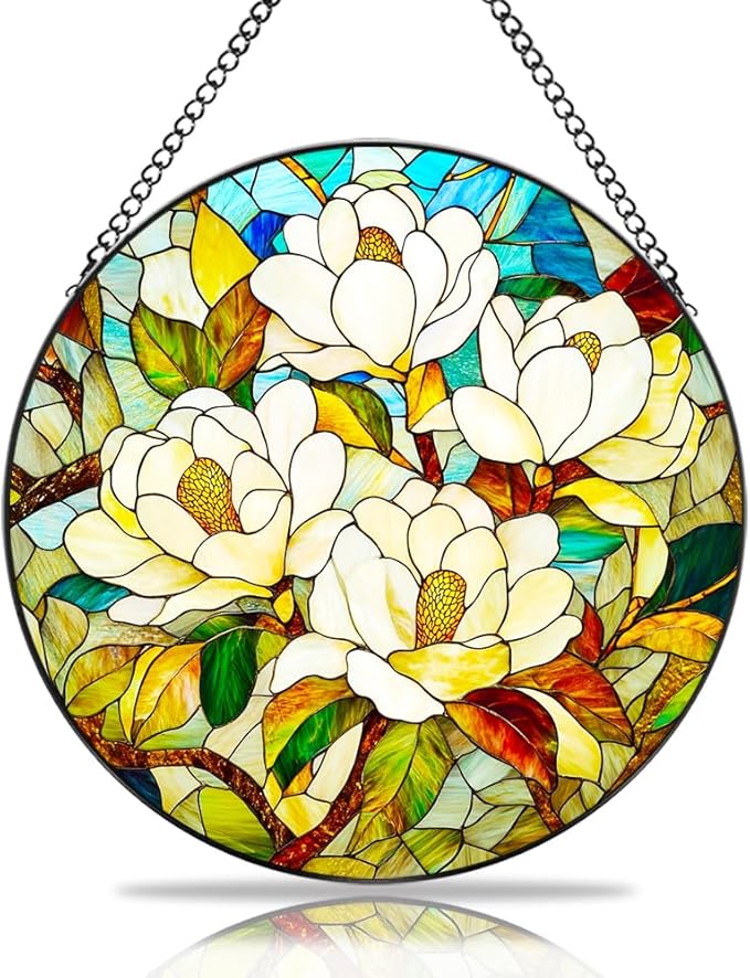 Magnolia Flower Stained Glass Suncatcher - Elegant Handmade Window Decor with Vibrant Colors, Garden Ornament & Gift Idea for Nature Lovers (White, 9.8 * 9.8IN)