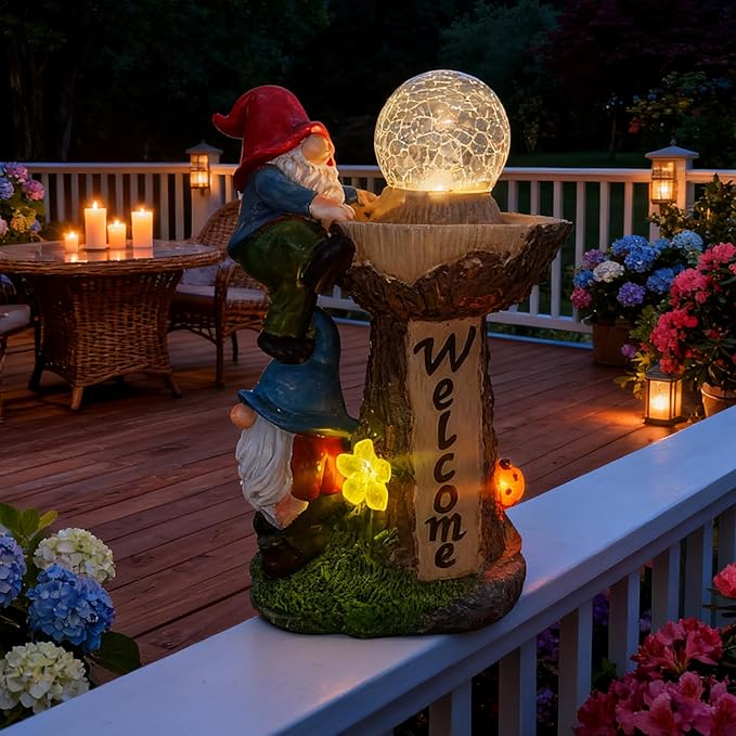 Solar Powered Garden Gnome Welcome Sign with LED Cracked Glass Ball, Outdoor Statue Decor for Patio Yard Lawn Walkway, for Mom Grandma (Red)