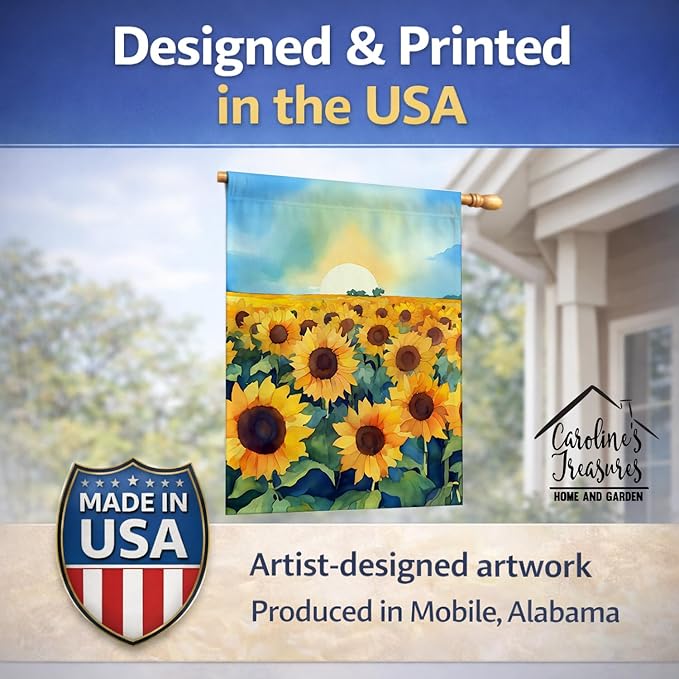 Caroline's Treasures Kansas Sunflowers in Watercolor House Flag Large Porch Sleeve Pole Decorative Outside Yard Banner Artwork Wall Hanging, Polyester, House Size, Multicolor