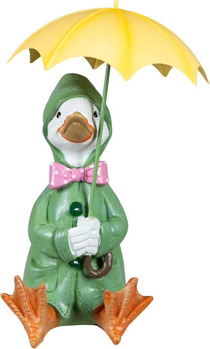 Sitting Duck in Raincoat and Umbrella Outdoor Garden Statue - 10.5"