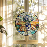 Chinoiserie Hydrangea Golden Retriever Stained Glass Window Hanging, Sleep Dog Flower Suncatcher Indoor Window Glass Round Wall Art Decor, 7.9x7.9 Inch