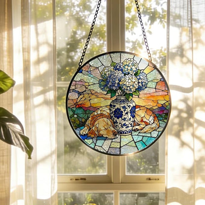 Chinoiserie Hydrangea Golden Retriever Stained Glass Window Hanging, Sleep Dog Flower Suncatcher Indoor Window Glass Round Wall Art Decor, 7.9x7.9 Inch