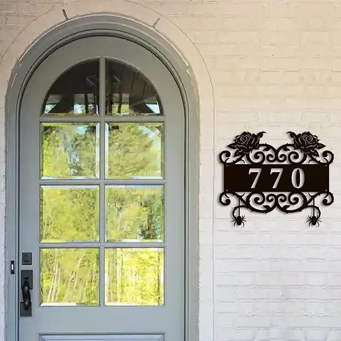 Personalized Gothic House Number metal Signs,Custom Address Number Metal Wall Art Decor,Black Plaques Outdoor wall Decorative Signage,Shed(8-30 Inches) (Rose A)