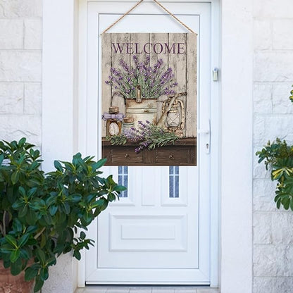 Hzppyz Welcome Spring Summer House Flag Lavender Flower Bucket, Floral Decorative Garden Yard Lawn Outdoor Large Burlap Flag Lantern Decor, Vintage Farmhouse Seasonal Outside Decorations Double Sided 28 x 40