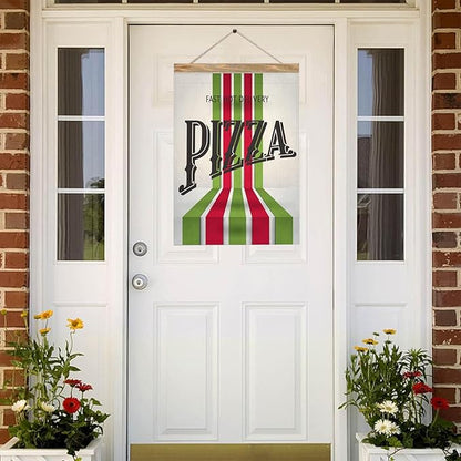 Mugod Retro Pizza Garden Flag 12.5x18 Inch, Italian Food Red Green Striped Double Sided Burlap Yard Flag for Seasonal Farmhouse Outdoor Decor