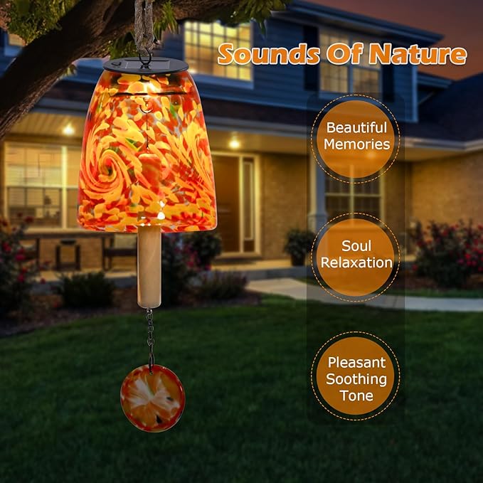 DREAM GARDEN Solar Wind Chimes for Outside, Glass Wind Chime Outdoor Colorful Windchimes with Solid Wood Striker Melody Wind Bell Unique Gifts for Mom Women Grandma, Orange