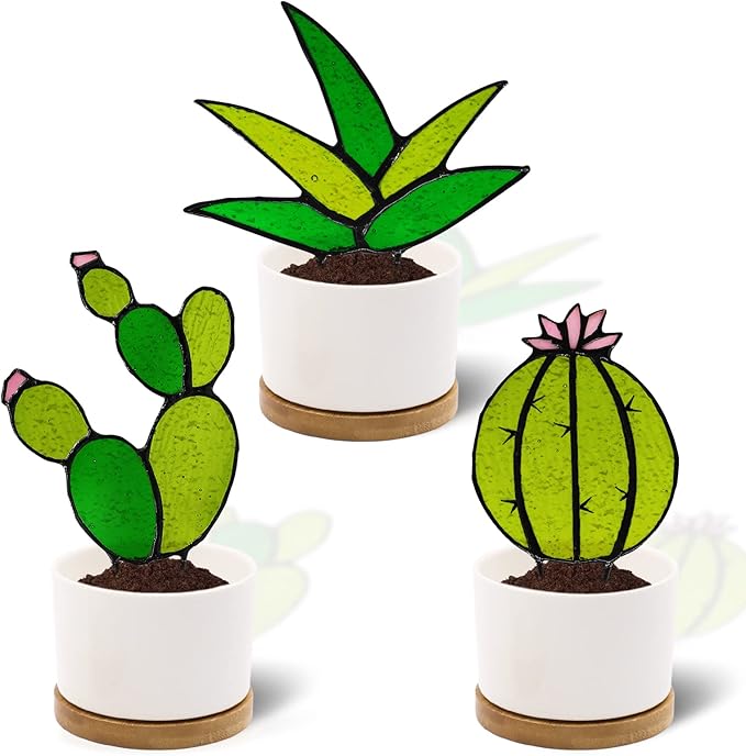 Tuitessine Succulent Plant Stained Glass Cactus Glass Decor (No Pot), Cacti Suncatcher Desk Windowsill Shelf Christmas Decor Plant Lover Gifts for Mom, Grandma, Teacher