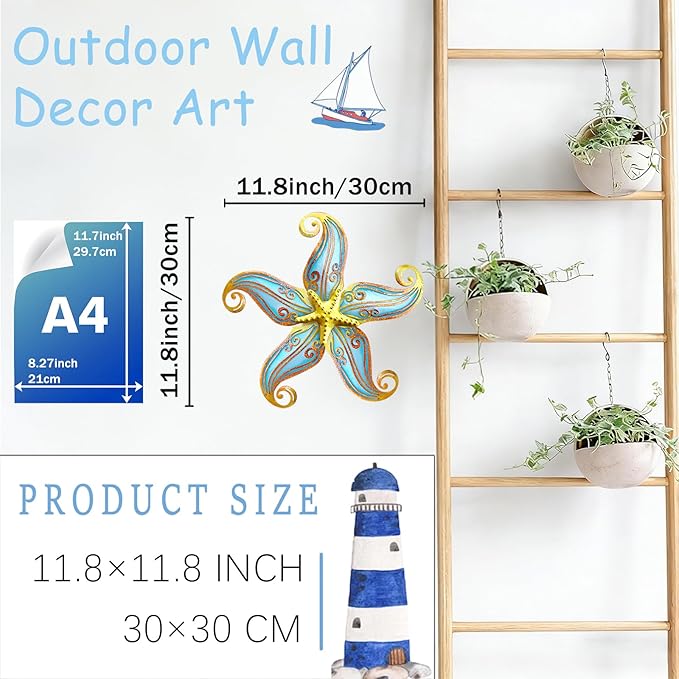 Starfish Coastal Wall Decor Art, Starfish Beach Theme Bathroom Decor for Bedroom House Home, 12" Hanging Glass Sculpture, Beach Wall Art Ocean Gifts for Women & Men (Blue)