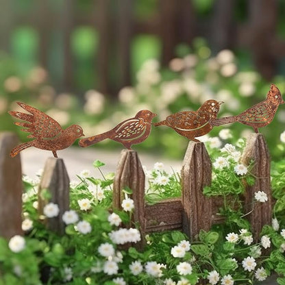Garden Stake Rust Decoration - Set of 4 Patina Metal Bird Stake Garden Decorations with Screw Thread, Perfect for Garden, Patio, Balcony, and Fence Ornaments