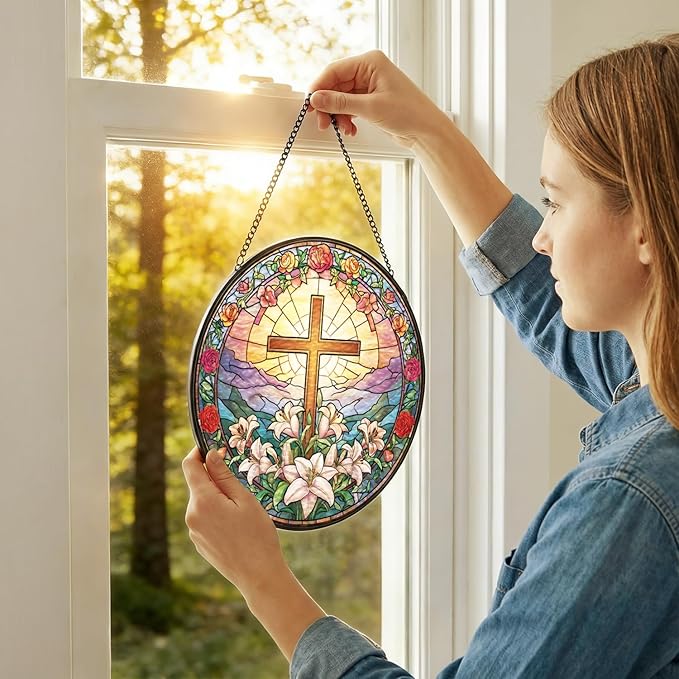 Stained Glass Sun Catcher Window Hanging - Jesus Easter Lily Flower Design, Well Made Indoor Home Decor | Perfect Christian Gifts for Mother's Day, Birthday, Christmas for Women, Mom (Sun) 7.8in