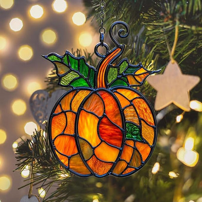 Pumpkin Acrylic Suncatcher Stained Glass Effect Window Car Hanging Christmas Ornament Indoor Outdoor Decor Garden Sun Catcher Panel for Acrylic Suncatcher Lover for Women Mom Grandma