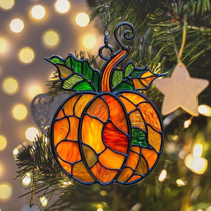 Pumpkin Acrylic Suncatcher Stained Glass Effect Window Car Hanging Christmas Ornament Indoor Outdoor Decor Garden Sun Catcher Panel for Acrylic Suncatcher Lover for Women Mom Grandma