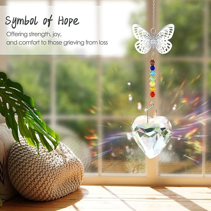 Merrynine Crystal Suncatcher, K9 Crystal Sun Catcher for Window Prism Ball, Unique Pendant Gift, Rainbow Maker with Butterfly Chain for Easy Hanging Indoor Outdoor Decoration (Butterfly Heart)