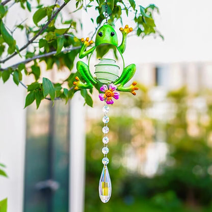 Stained Glass Metal Frog Suncatcher Crystals for Window Ornament - 17" Outdoor Fence Wall Art Decor, Rainbow Maker Hanging for Garden Yard Living Room Bedroom Patio Balcony
