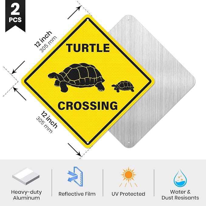 2 Pack Turtle Crossing Sign 12" x 12" Reflective Aluminum Warning Signs UV Protected Waterproof Funny Metal Turtle XING Sign for Yard Garden Fence House Outdoor Wall Decor