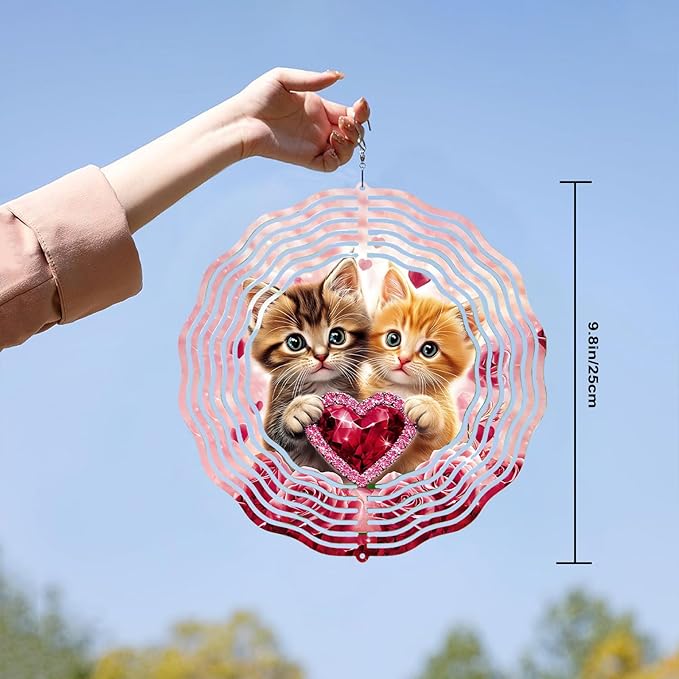 10 Inch Cat Wind Spinner, 3D Stainless Steel Hanging Kinetic Wind Sculpture Gifts for Garden Yard Art Indoor Outdoor Window Porch Front Door Decor, Women, Spring Decorations