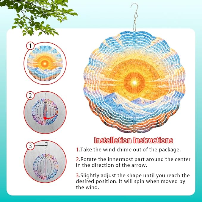 10x10 Sunrise Mountain Forest Spinning Wind Chime Pointillist Sun Snow Peak Crystal Chimes Outdoor Garden Wind Spinner Mother's Day Housewarming Gift