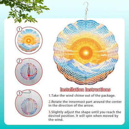 10x10 Sunrise Mountain Forest Spinning Wind Chime Pointillist Sun Snow Peak Crystal Chimes Outdoor Garden Wind Spinner Mother's Day Housewarming Gift