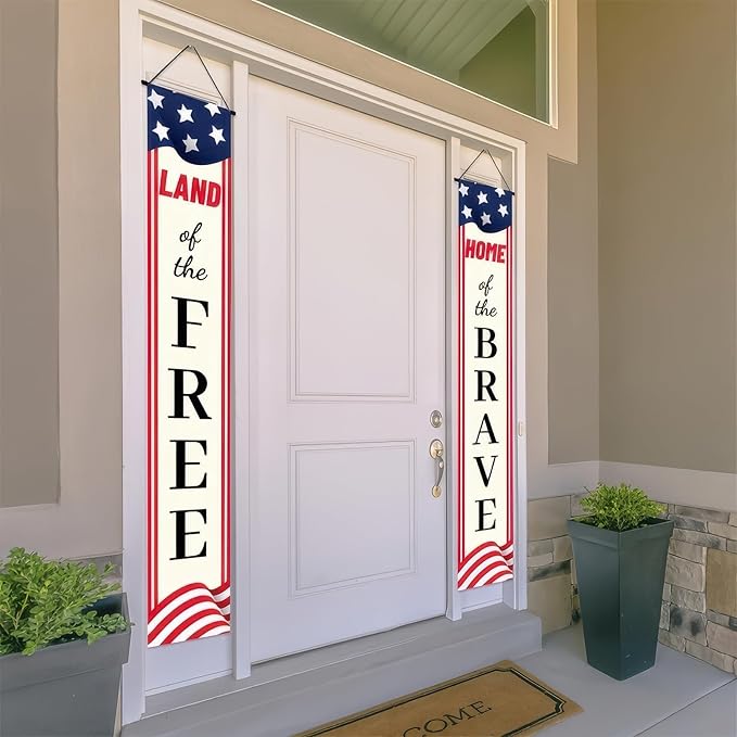 BlissYard 2Pcs Patriotic Themed Door Banners 4th of July Decorations Memorial Day Banner Hanging Porch Signs Banners for Independence Veterans Labor Day for Front Yard Indoor Outdoor Supplies