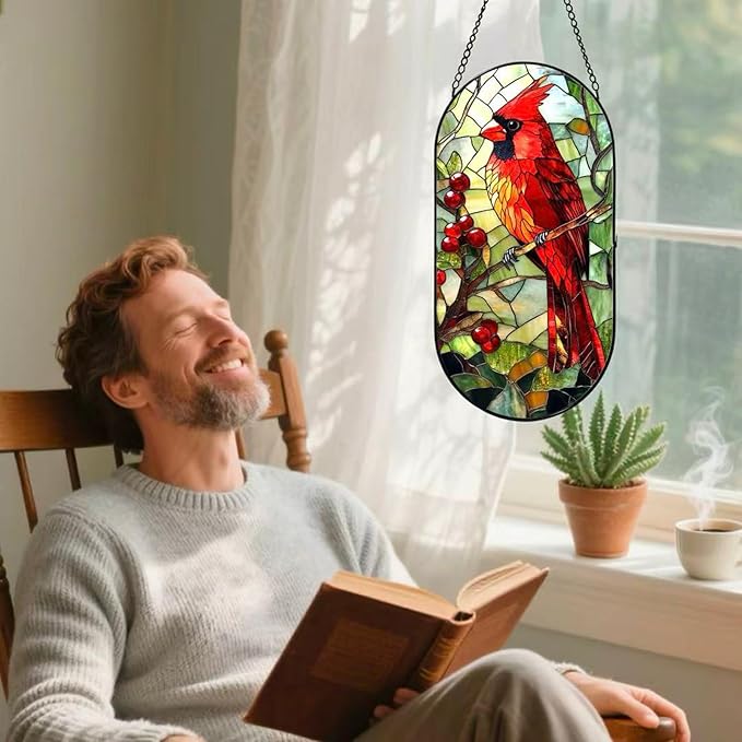 Stained Glass Window Hanging, Red Parrot Birds Sun Catcher for Wall Nursery Window Door Garden Party Holiday Kitchen Living Room Office Decoration, Gifts for Women, Daughter, Day Birthday
