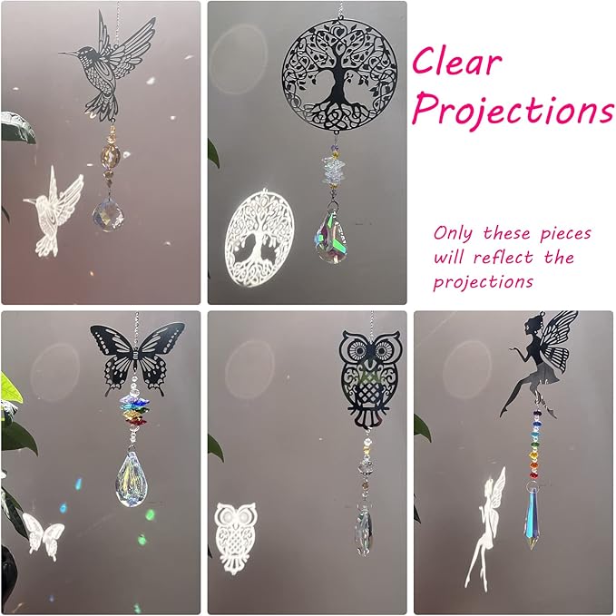 Crystal Suncatchers with Prisms Hanging Window Sun Catcher Decor Indoor Rainbow Maker Ornament Owl Hummingbird Butterfly Prism Suncatchers Gift, Pack of 5 (Silver)