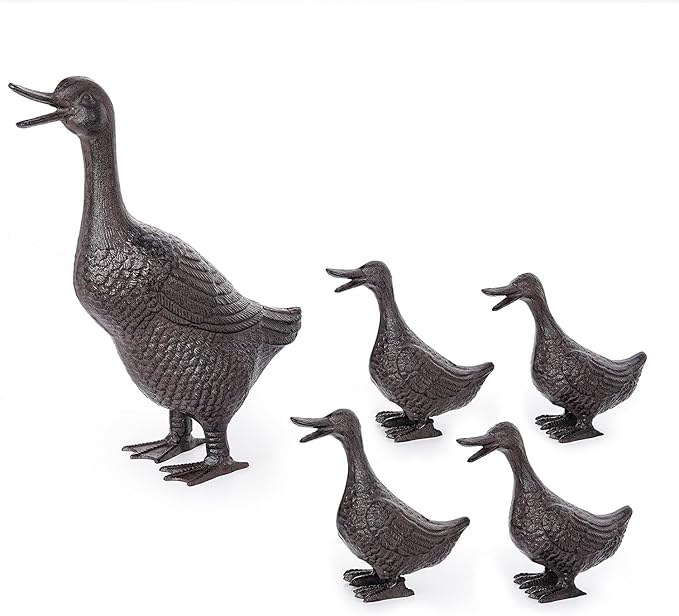 Sungmor Vintage Cast Iron Duck Garden Statue - 15.7" Tall Heavy Duty Outdoor Mother Duck Figurine, Rustic Animal Sculpture for Lawn, Patio, Yard - Antique Brown Finish, Farmhouse Home Decoration