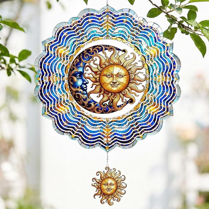 Sun and Moon Wind Spinners Outdoor Hanging - 12 inch Sun Outdoor Metal Decor Birthday Gifts for Women Mom Grandma,3D Wind Sculptures Art for Yard and Garden Patio Lawn Balcony Porch Decorations